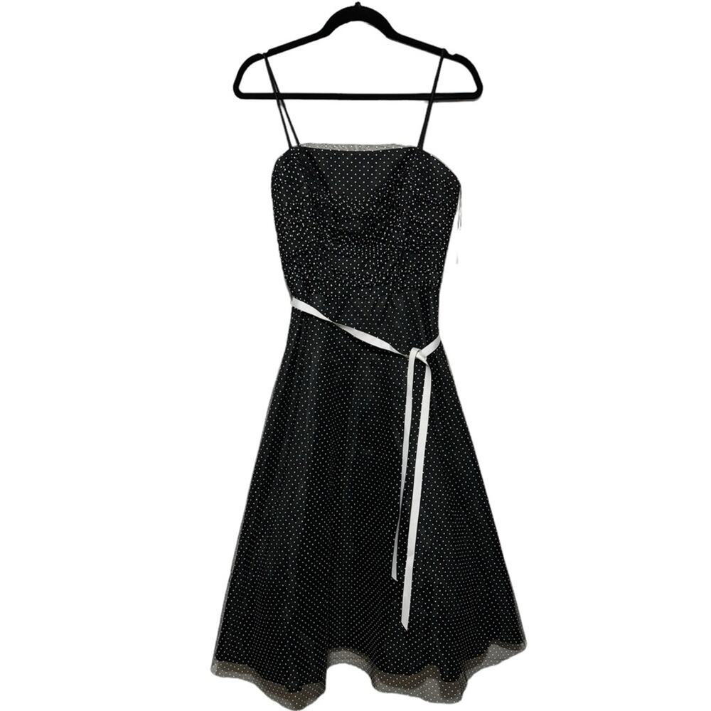 Onyx Nite NWT Vintage Black Polka Dot Fit Flare Spaghetti Strap Midi Dress 6‎
